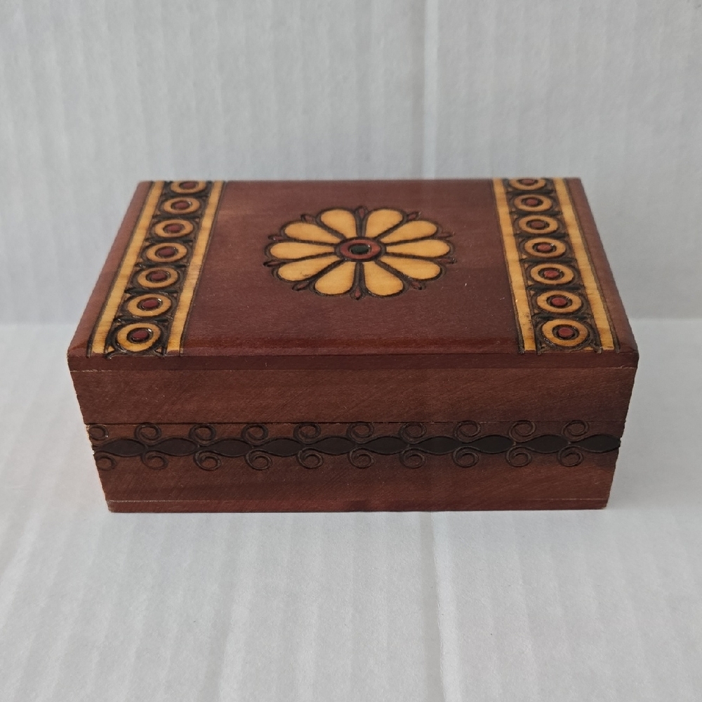 Made in Poland Wooden Jewelry Box w/ Floral Design EUC 5"x2"x3.5"